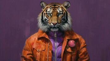 a tiger in a purple jacket with the letter photo