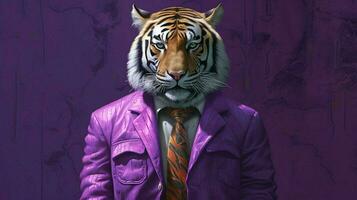 a tiger in a purple jacket with the letter photo