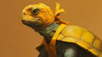 a turtle with a yellow mask on his face photo