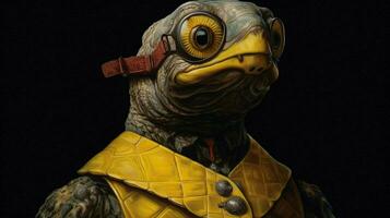 a turtle with a yellow mask on his face photo