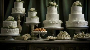 a white wedding cake is on a table photo