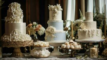 a white wedding cake is on a table with other cake photo