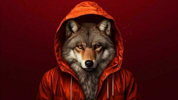 a wolf in a red jacket with a hoodie photo