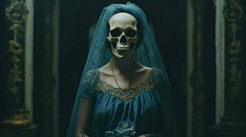 a woman in a blue dress with a skull mask on her photo