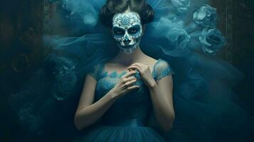 un mujer en un azul vestir con un cráneo máscara en su foto