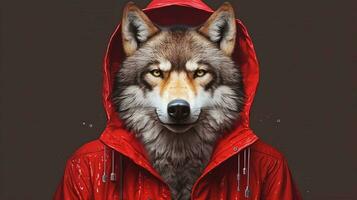 a wolf in a red jacket with a hoodie photo