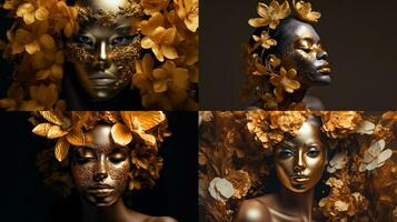 a woman in a gold mask with a flower on her face photo