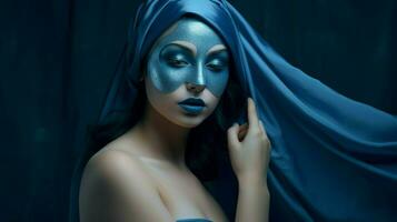 a woman in a blue mask is posing in a photo