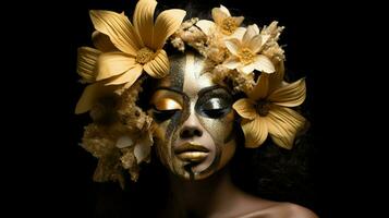 un mujer en un oro máscara con un flor en su cara foto