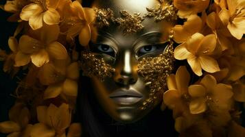 un mujer en un oro máscara con un flor en su cara foto