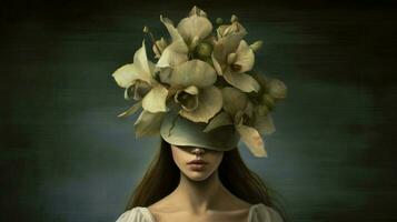 a woman in a mask with a flower on her head photo