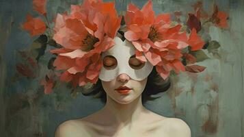 un mujer en un máscara con un flor en su cabeza foto