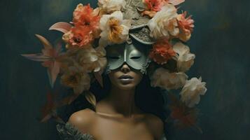 a woman in a mask with a flower on her head photo