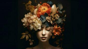 a woman in a mask with a flower on her head photo