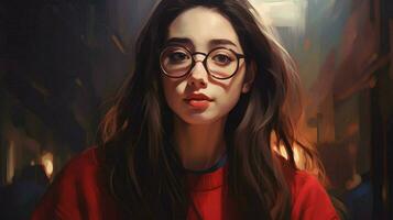 a woman in a red sweater and glasses photo