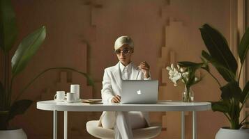 a woman in a white suit is sitting at a desk and photo