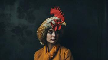 a woman wearing a chicken mask and a bird on her photo