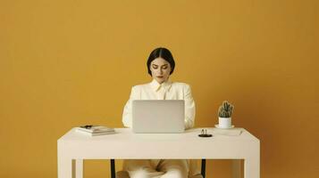 a woman in a white suit is sitting at a desk and photo