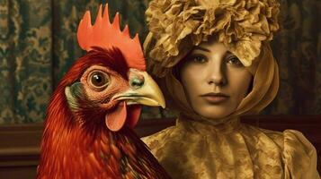 a woman wearing a chicken mask and a bird on her photo