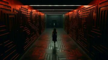 a woman walks down a dark hallway with a large ma photo