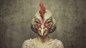 a woman wearing a chicken mask and a bird on her photo