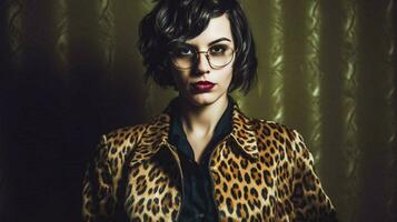 a woman wearing a leopard print leopard print leo photo