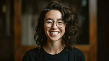 a woman wearing glasses is smiling and wearing a photo