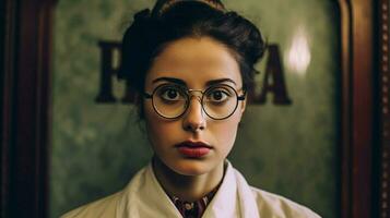 a woman wearing glasses that sayim a doctor photo