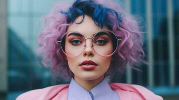 a woman wearing pink glasses with pink rims and a photo