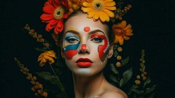 a woman with a face painted with a flower on it photo