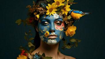 un mujer con un cara pintado con flores y un bi foto