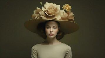 un mujer con un sombrero y un flor en su cabeza foto
