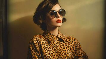 a woman with a leopard print sunglasses on her sh photo