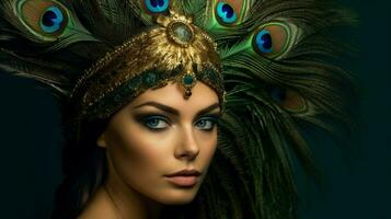 un mujer con un pavo real pluma en su cabeza foto