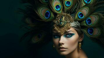 a woman with a peacock feather on her head photo