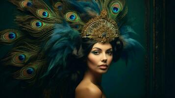 a woman with a peacock feather on her head photo