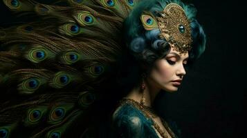 a woman with a peacock feather on her head photo