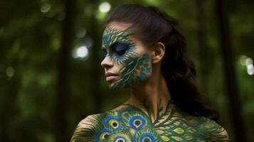 a woman with a peacock painted on her body photo