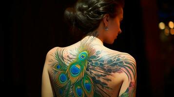 un mujer con un pavo real pintado en su cuerpo foto