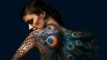 un mujer con un pavo real pintado en su cuerpo foto