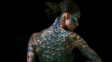 un mujer con un pavo real pintado en su cuerpo foto