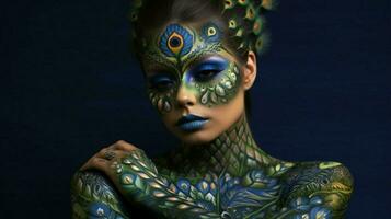 a woman with a peacock painted on her body photo