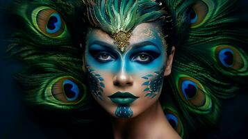 a woman with a peacock painted on her face photo