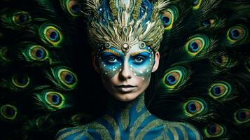 a woman with a peacock painted on her face photo