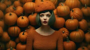 a woman with a pumpkin hat on her head and a bunc photo