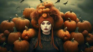 a woman with a pumpkin hat on her head and a bunc photo