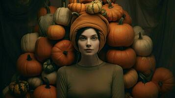 a woman with a pumpkin hat on her head and a bunc photo