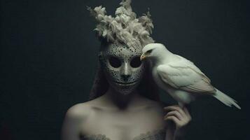 a woman with a skull mask and a bird on her head photo