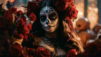 a woman with a sugar skull on her face holds rose photo