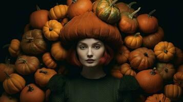 a woman with a pumpkin hat on her head and a bunc photo